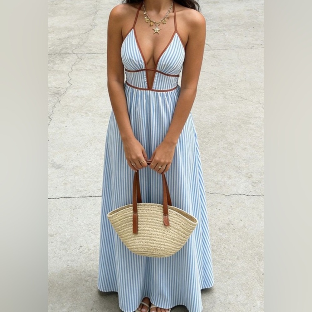 Blue and White Striped Summer Maxi Dress - Picture 4 of 5